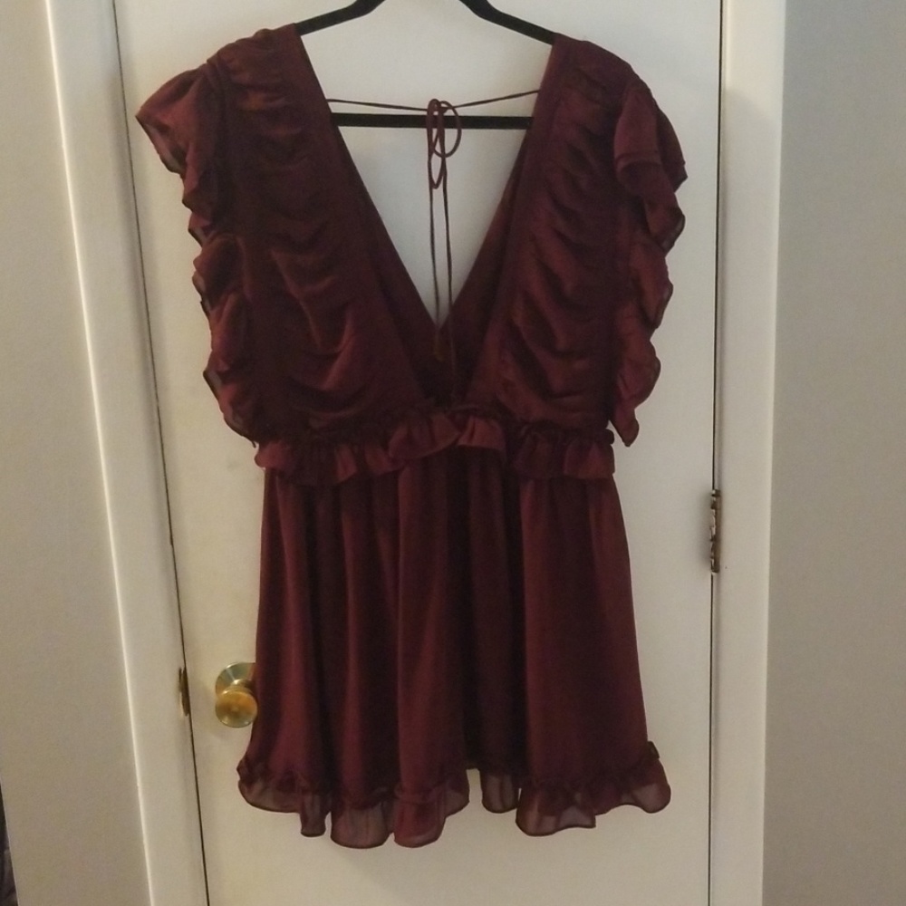 Maroon Mini Ruffle Dress - Picture 2 of 4